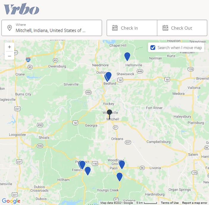 Map of vacation rentals around Spring Mill State Park